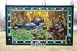 35 x 21 Stained glass window panel Waterlily Lotus Flower Pond