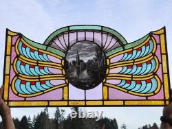 36 Wide Antique Belgian Art Deco Stained Glass Panel of Bruges withCopper Frame