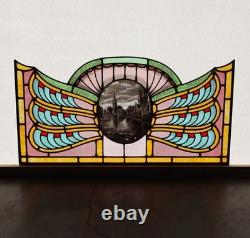 36 Wide Antique Belgian Art Deco Stained Glass Panel of Bruges withCopper Frame