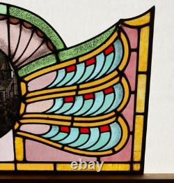 36 Wide Antique Belgian Art Deco Stained Glass Panel of Bruges withCopper Frame