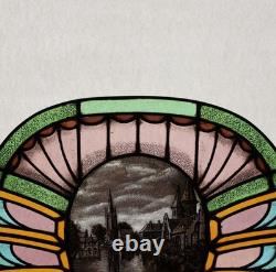 36 Wide Antique Belgian Art Deco Stained Glass Panel of Bruges withCopper Frame