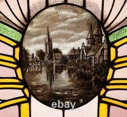 36 Wide Antique Belgian Art Deco Stained Glass Panel of Bruges withCopper Frame