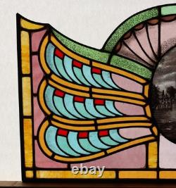 36 Wide Antique Belgian Art Deco Stained Glass Panel of Bruges withCopper Frame