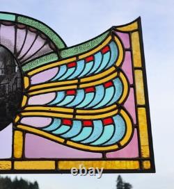 36 Wide Antique Belgian Art Deco Stained Glass Panel of Bruges withCopper Frame