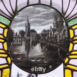 36 Wide Antique Belgian Art Deco Stained Glass Panel of Bruges withCopper Frame
