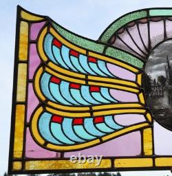 36 Wide Antique Belgian Art Deco Stained Glass Panel of Bruges withCopper Frame