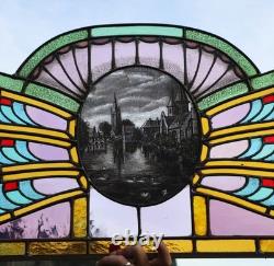 36 Wide Antique Belgian Art Deco Stained Glass Panel of Bruges withCopper Frame