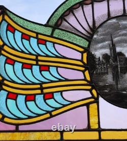 36 Wide Antique Belgian Art Deco Stained Glass Panel of Bruges withCopper Frame