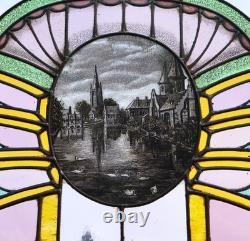 36 Wide Antique Belgian Art Deco Stained Glass Panel of Bruges withCopper Frame