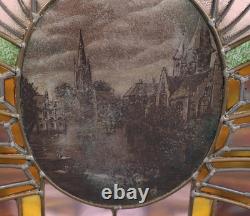 36 Wide Antique Belgian Art Deco Stained Glass Panel of Bruges withCopper Frame