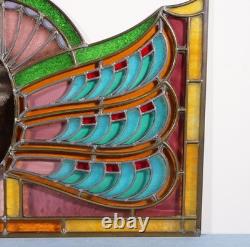 36 Wide Antique Belgian Art Deco Stained Glass Panel of Bruges withCopper Frame