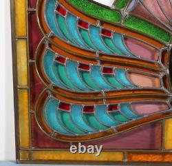36 Wide Antique Belgian Art Deco Stained Glass Panel of Bruges withCopper Frame