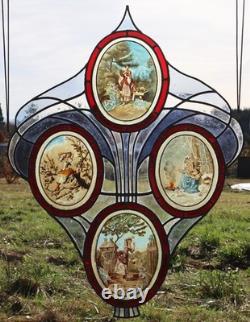 38 Tall Large Antique French Art Nouveau Stained/Leaded Glass Panel 4 Seasons