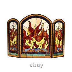 42 W x 28 H Tiffany Style Stained Glass Arch 3 Section Fireplace Screen Panel