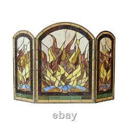 42 W x 28 H Tiffany Style Stained Glass Arch 3 Section Fireplace Screen Panel