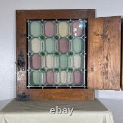 5 AVAILABLE Antique Oak Door with Leaded Stained Glass Panel & Hinged Shutter