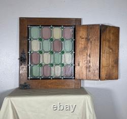 5 AVAILABLE Antique Oak Door with Leaded Stained Glass Panel & Hinged Shutter