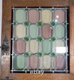 5 AVAILABLE Antique Oak Door with Leaded Stained Glass Panel & Hinged Shutter