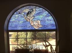 58 W Large Trumpeting Angel Half Round Circle Arch Stained Glass Window Panel