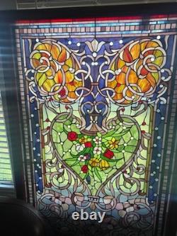 72 x 45 Vintage Stained Glass in Wood Frame Extra Large