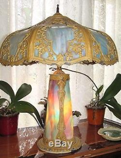 8 Panel Art Nouveau B&H Handel Era Lighthouse Stained Leaded Slag Glass Lamp