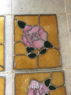 8 Vintage Stained Glass Window Panels Handmade Leaded Floral Rose