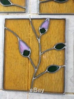 8 Vintage Stained Glass Window Panels Handmade Leaded Floral Rose