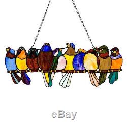 9.5 x 24.25 STAINED GLASS BIRDS ON A WIRE WINDOW / WALL PANEL #10279 DECOR