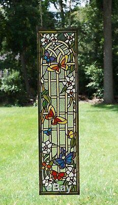 9 x 36 Tiffany Style stained glass window panel Butterfly Garden Flower
