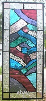 ABSTRACT STYLE 23 x 10 real stained glass window panel hangs 2 ways