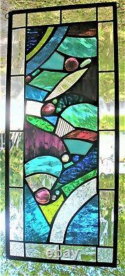 ABSTRACT STYLE 23 x 10 real stained glass window panel hangs 2 ways