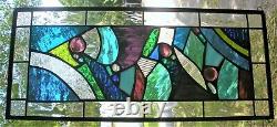 ABSTRACT STYLE 23 x 10 real stained glass window panel hangs 2 ways