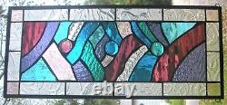 ABSTRACT STYLE 23 x 10 real stained glass window panel hangs 2 ways