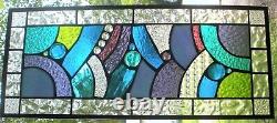 ABSTRACT STYLE 23 x 10 real stained glass window panel hangs 2 ways