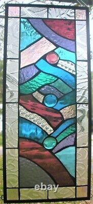 ABSTRACT STYLE 23 x 10 real stained glass window panel hangs 2 ways