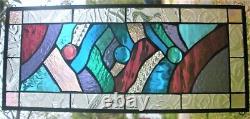 ABSTRACT STYLE 23 x 10 real stained glass window panel hangs 2 ways