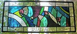 ABSTRACT STYLE 23 x 10 real stained glass window panel hangs 2 ways