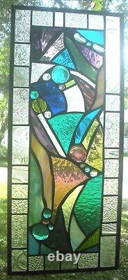 ABSTRACT STYLE 23 x 10 real stained glass window panel hangs two ways
