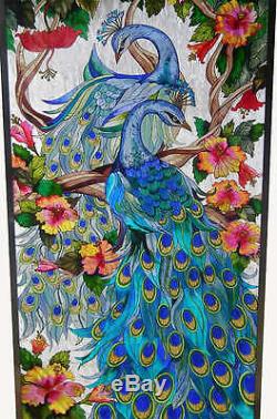 ADORING PEACOCKS & MAJESTIC JEWEL TONE HIBISCUS 21x41 ART GLASS WINDOW PANEL