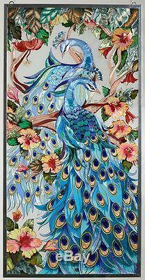 ADORING PEACOCKS & MAJESTIC JEWEL TONE HIBISCUS 21x41 ART GLASS WINDOW PANEL