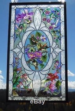 AMIA Victorian Floral & Hummingbirds Glass Panel Suncatcher Hand Painted