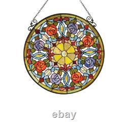 ANEMONE 23.4 Tiffany Style Stained Glass Panel with Roses & Hanging Chain