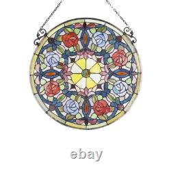 ANEMONE 23.4 Tiffany Style Stained Glass Panel with Roses & Hanging Chain