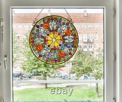 ANEMONE 23.4 Tiffany Style Stained Glass Panel with Roses & Hanging Chain