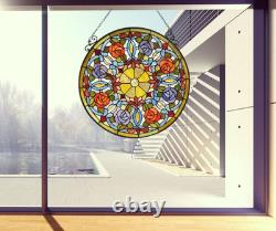 ANEMONE 23.4 Tiffany Style Stained Glass Panel with Roses & Hanging Chain