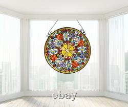 ANEMONE 23.4 Tiffany Style Stained Glass Panel with Roses & Hanging Chain