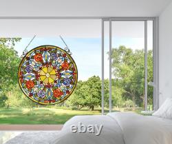 ANEMONE 23.4 Tiffany Style Stained Glass Panel with Roses & Hanging Chain