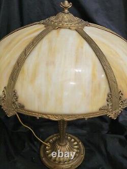 ANTIQUE Arts & Crafts 1920s CARAMEL SLAG BENT PANEL STAINED GLASS LAMP EXCELLENT