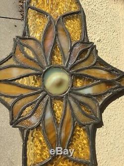 ANTIQUE BUBBLE BULLSEYE w OPALESCENT PEBBLED STAINED GLASS FLOWER PANEL WINDOW