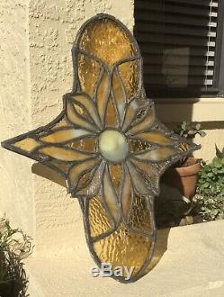 ANTIQUE BUBBLE BULLSEYE w OPALESCENT PEBBLED STAINED GLASS FLOWER PANEL WINDOW